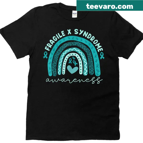 T-shirt showcasing a teal ribbon and rainbow for Fragile X awareness.