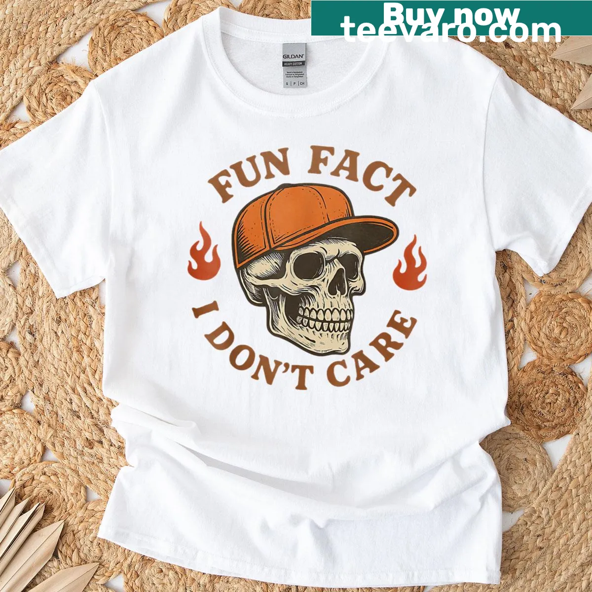 Funny skeleton T-shirt with the text 'Fun Fact I Don't Care.' — on a men's t-shirt