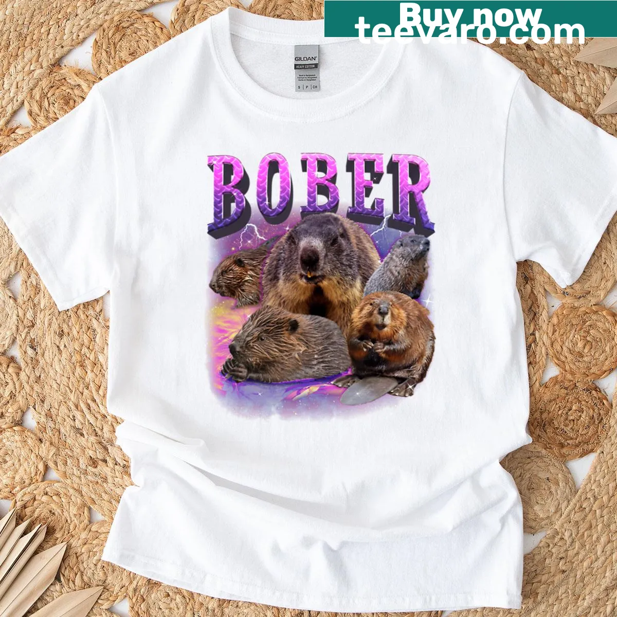 90s retro beaver meme t-shirt with playful graphics — on a men's t-shirt