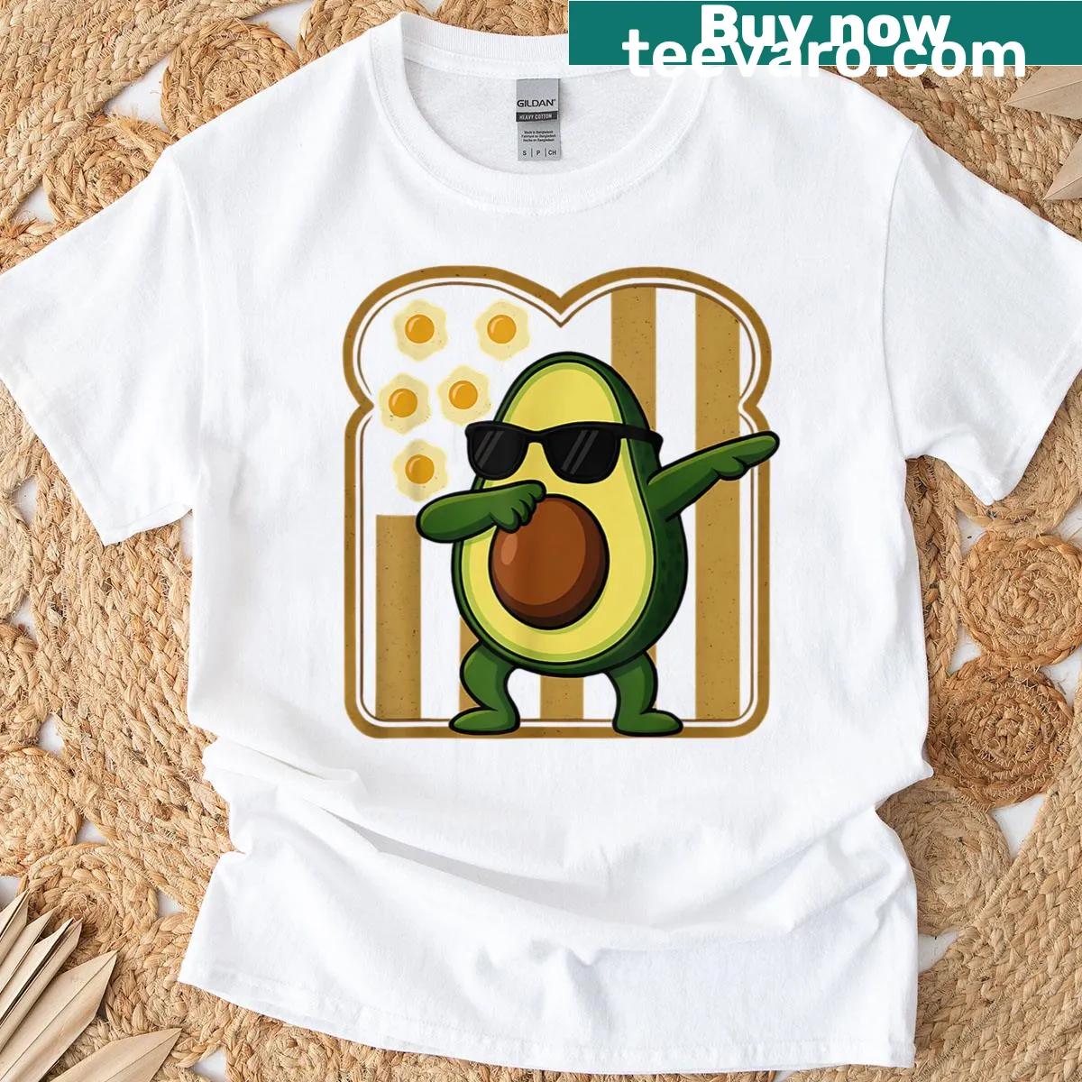 Cartoon avocado dabbing with breakfast items printed on a tee — on a men's t-shirt
