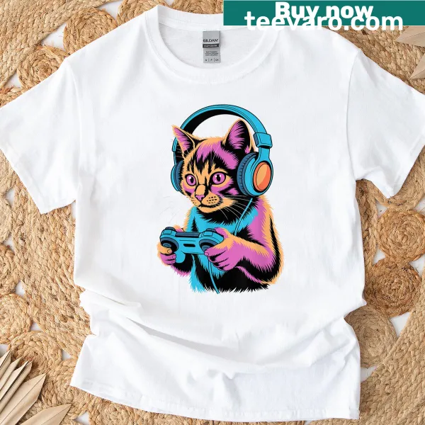 Cartoon cat with gaming gear on a humorous gamer t-shirt