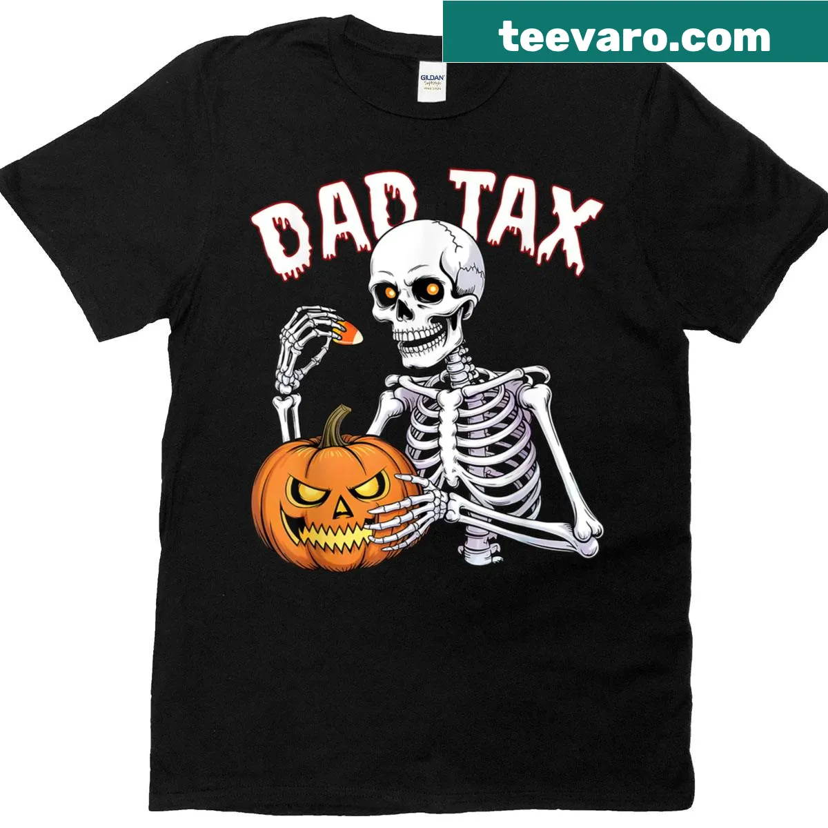 Halloween dad joke T-shirt with pumpkin and skeleton design — on a men's t-shirt