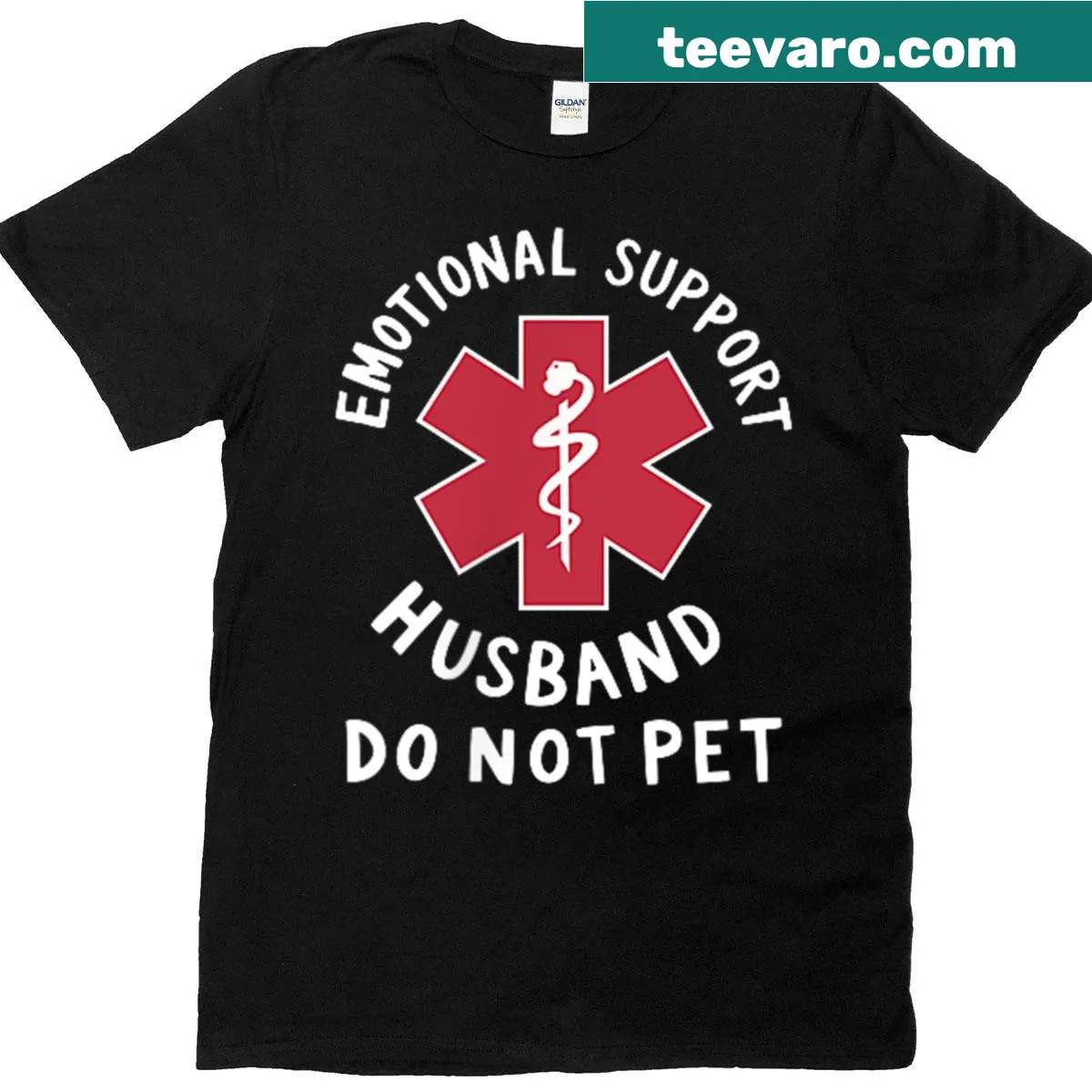 T-shirt with humorous 'Do Not Pet Emotional Support Husband' text — on a men's t-shirt