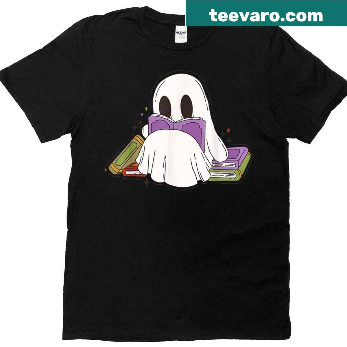 Cute ghost reading graphic t-shirt for Halloween — on a men's t-shirt