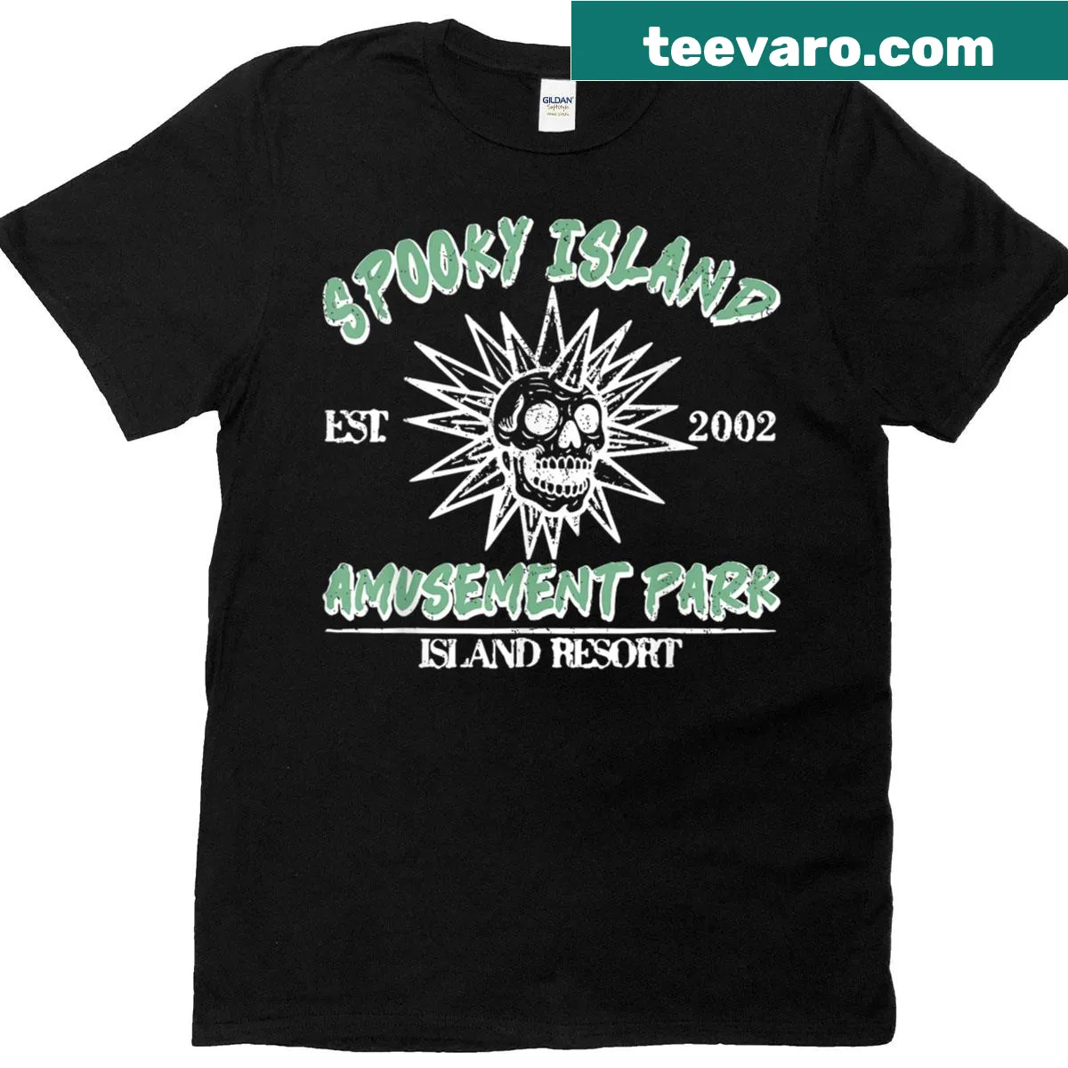 Retro Halloween amusement park skull T-shirt with spooky island theme — on a men's t-shirt