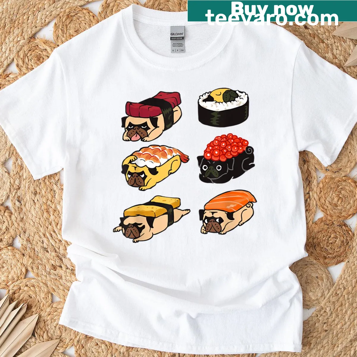 T-shirt featuring a pug dressed as sushi, ideal for food and dog lovers. — on a men's t-shirt
