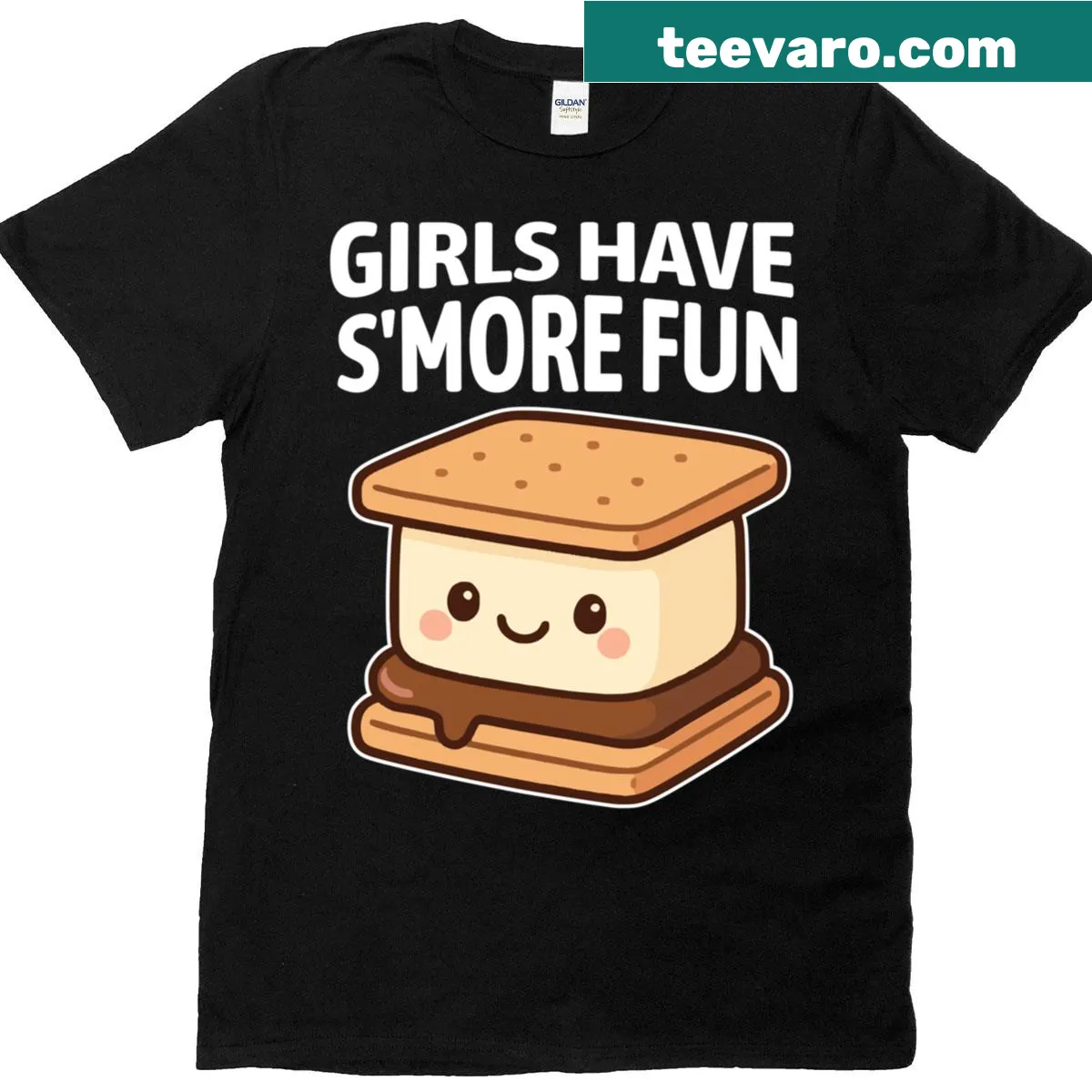 Cartoon camping T-shirt with 'Girls Have Smore Fun' phrase and marshmallow graphic — on a men's t-shirt