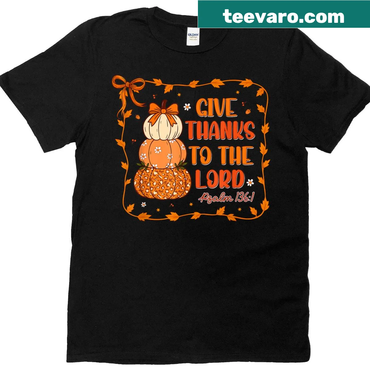 Thanksgiving T-shirt with pumpkins and 'Give Thanks To The Lord' text — on a men's t-shirt