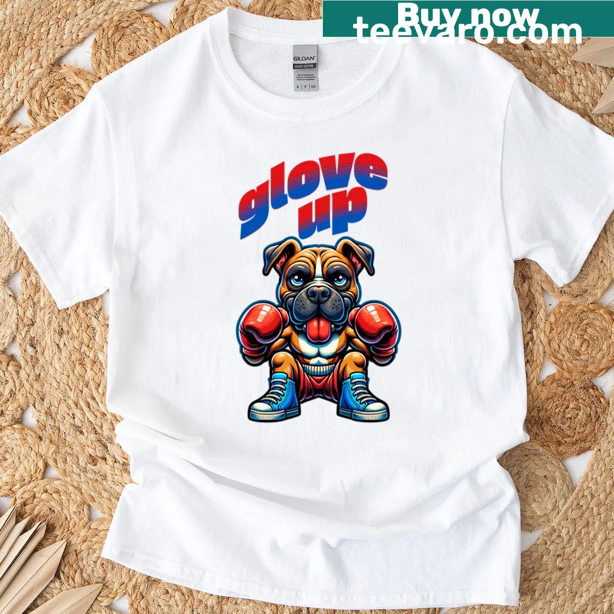 Motivational training T-shirt with 'Glove Up' text — on a men's t-shirt