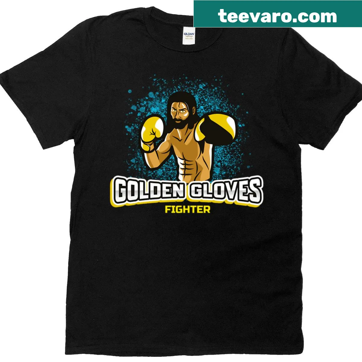 Golden Gloves Fighter T-shirt with boxing gloves graphic and motivational text — on a men's t-shirt