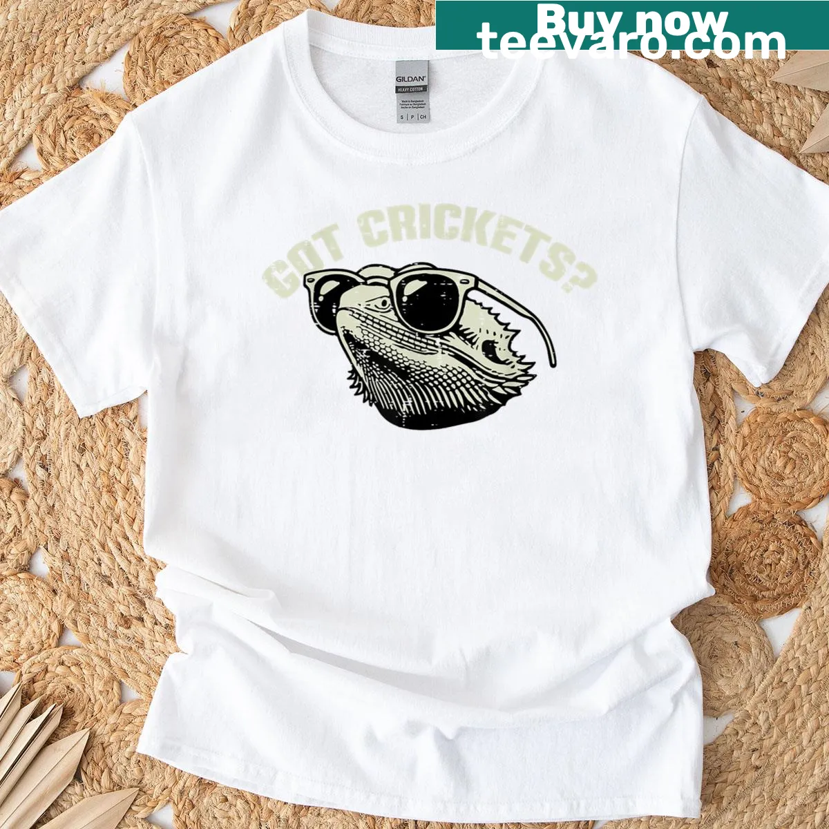 Cartoon T-shirt featuring a bearded dragon and the text 'Got Crickets' — on a men's t-shirt