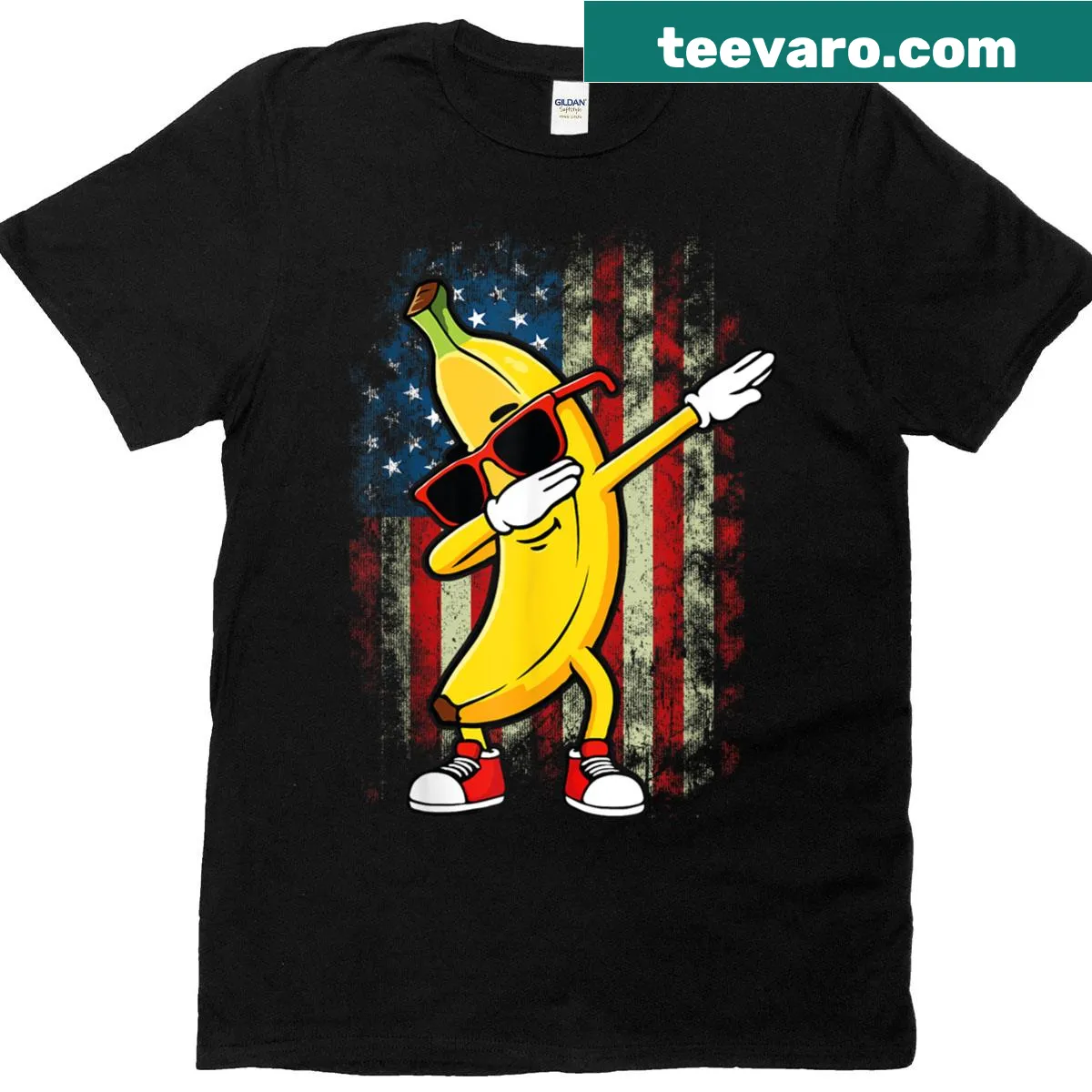 Retro t-shirt with a dabbing banana graphic and American flag — on a men's t-shirt