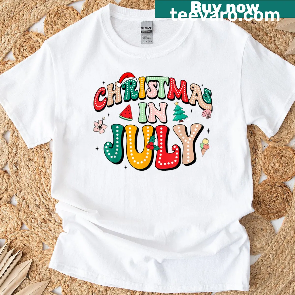 Illustrative graphic tee combining Christmas and summer themes — on a men's t-shirt