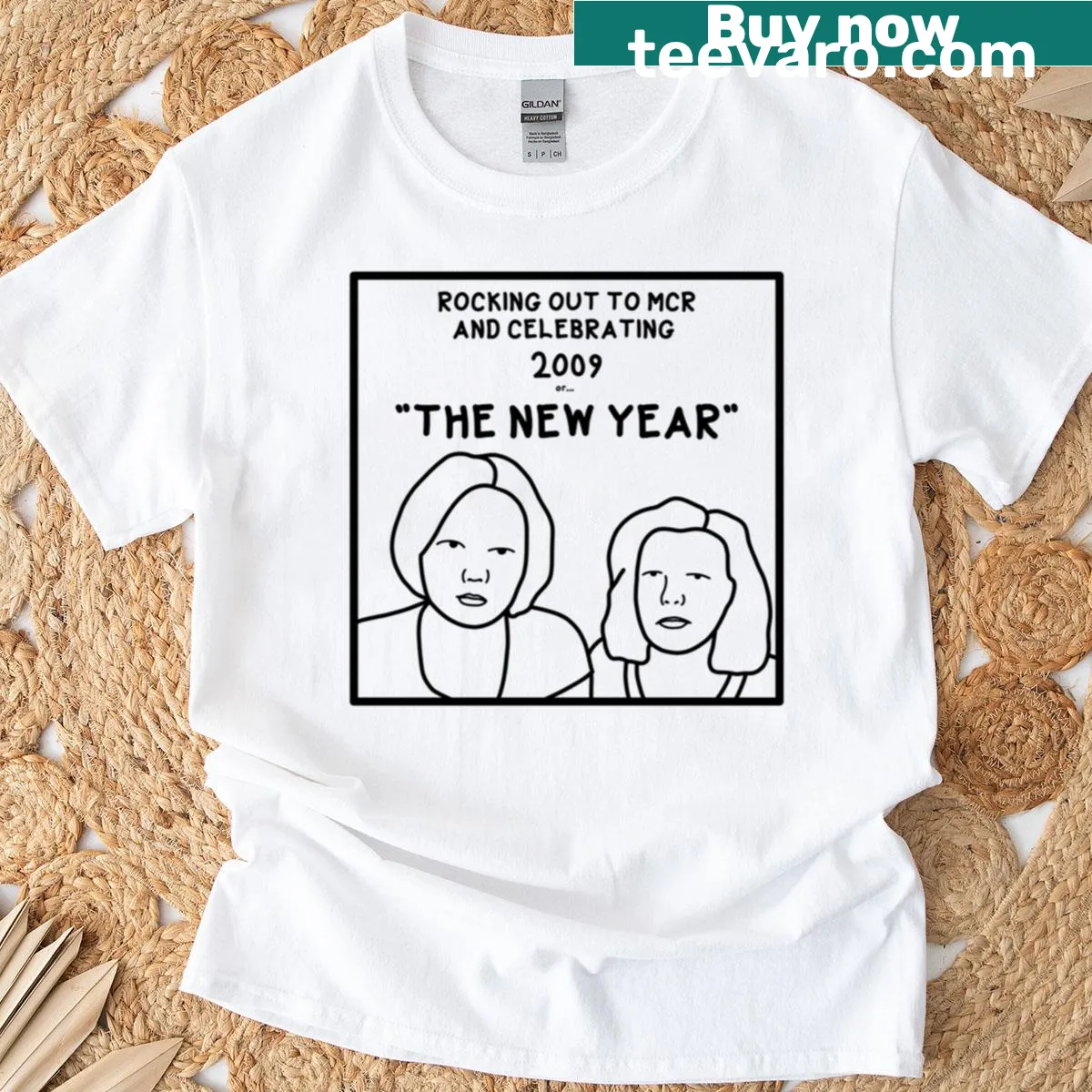 Playful New Year illustration with Tara and Raven — on a men's t-shirt