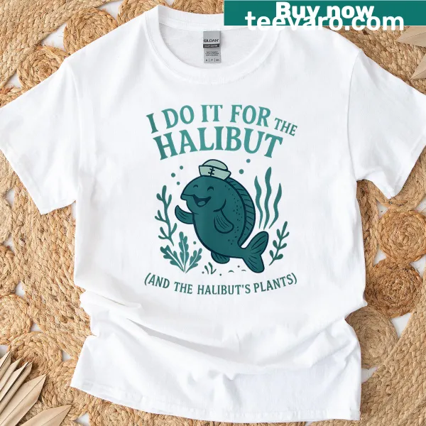 Playful gardening t-shirt with halibut pun and plant graphics