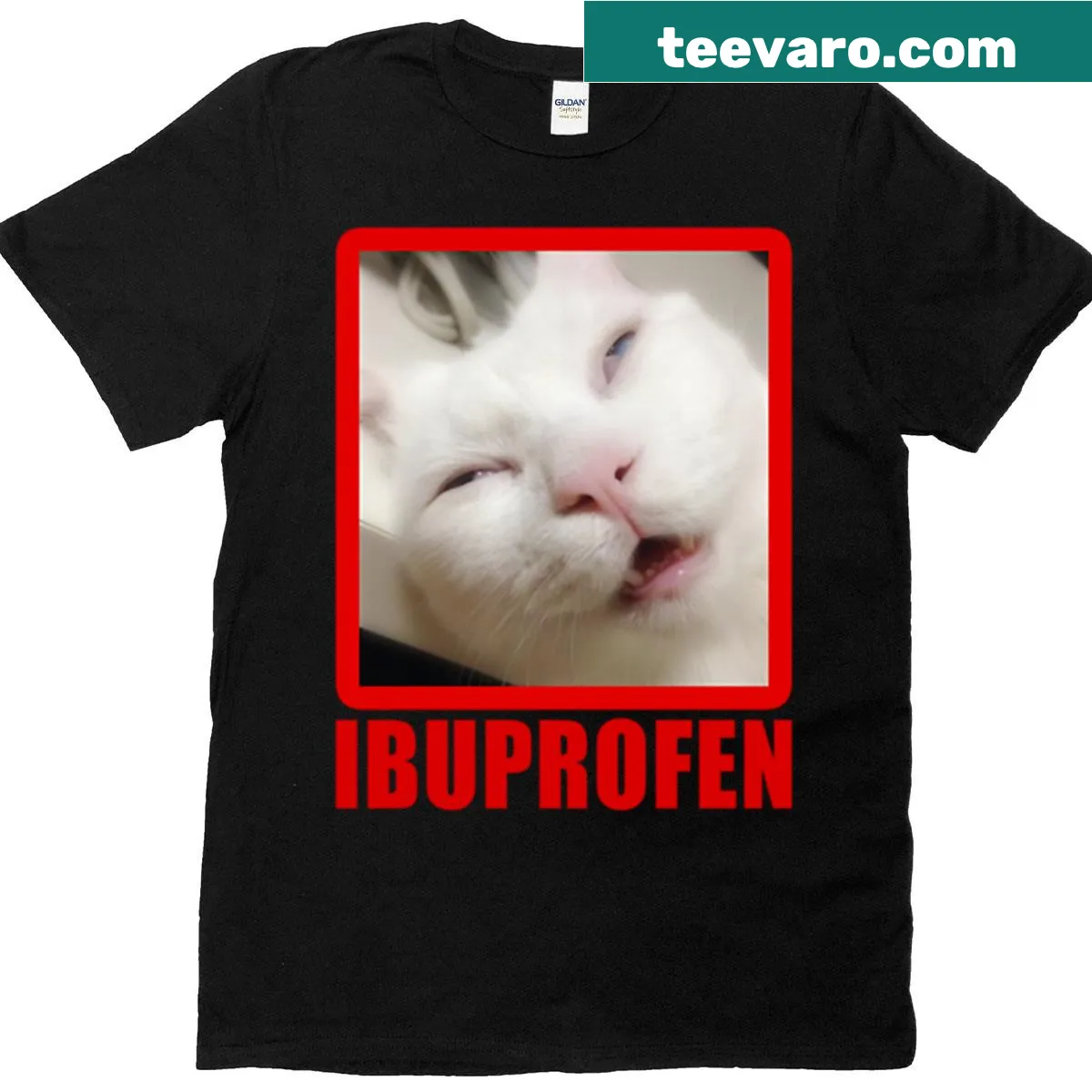 Humorous cat meme T-shirt featuring a laid-back cat and ibuprofen reference — on a men's t-shirt