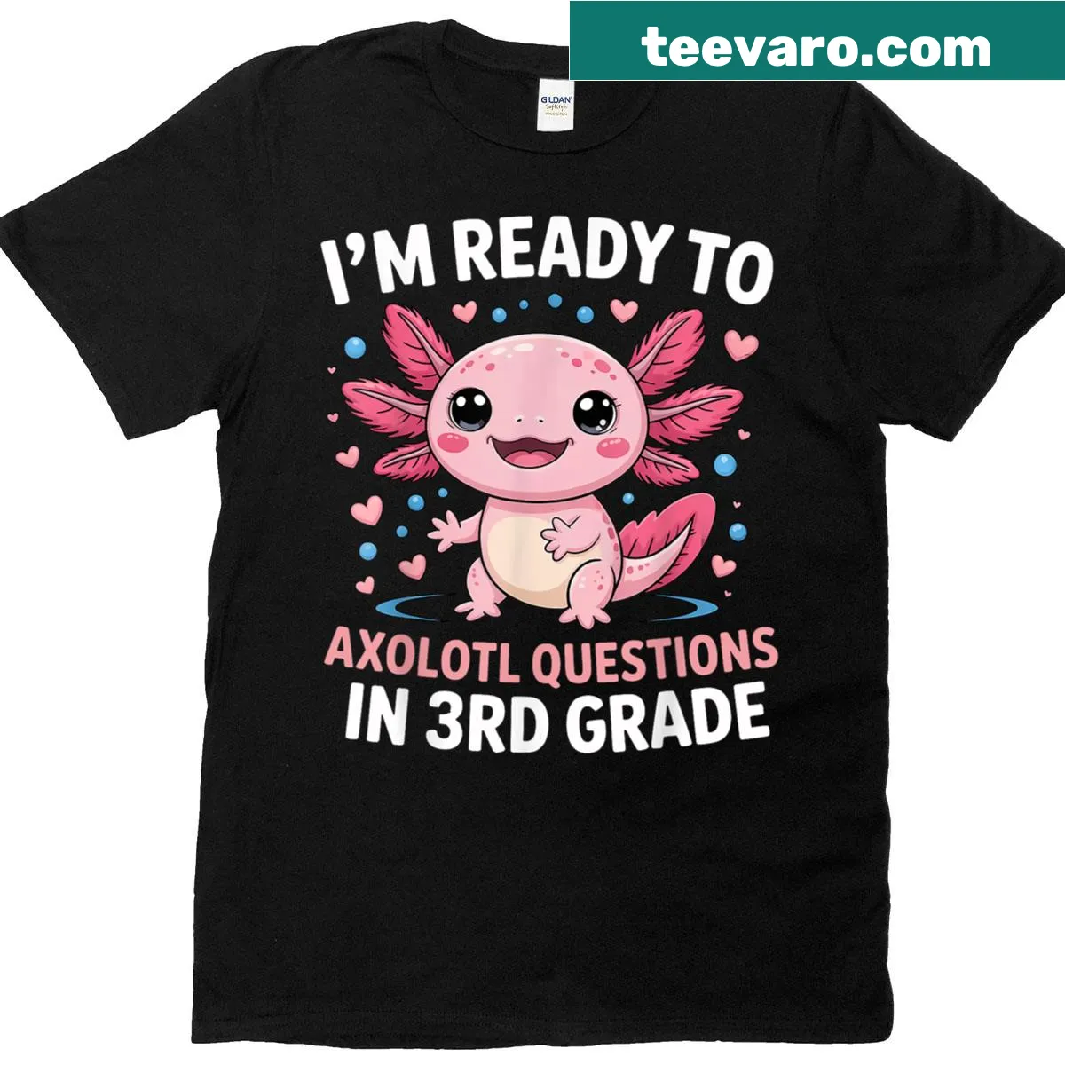 T-shirt featuring a cute axolotl and text about 3rd grade questions — on a men's t-shirt