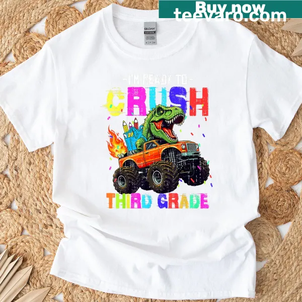 Playful dinosaur and truck illustration for kids' back-to-school tee.