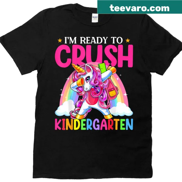Girls' T-shirt with a unicorn graphic celebrating readiness for kindergarten.
