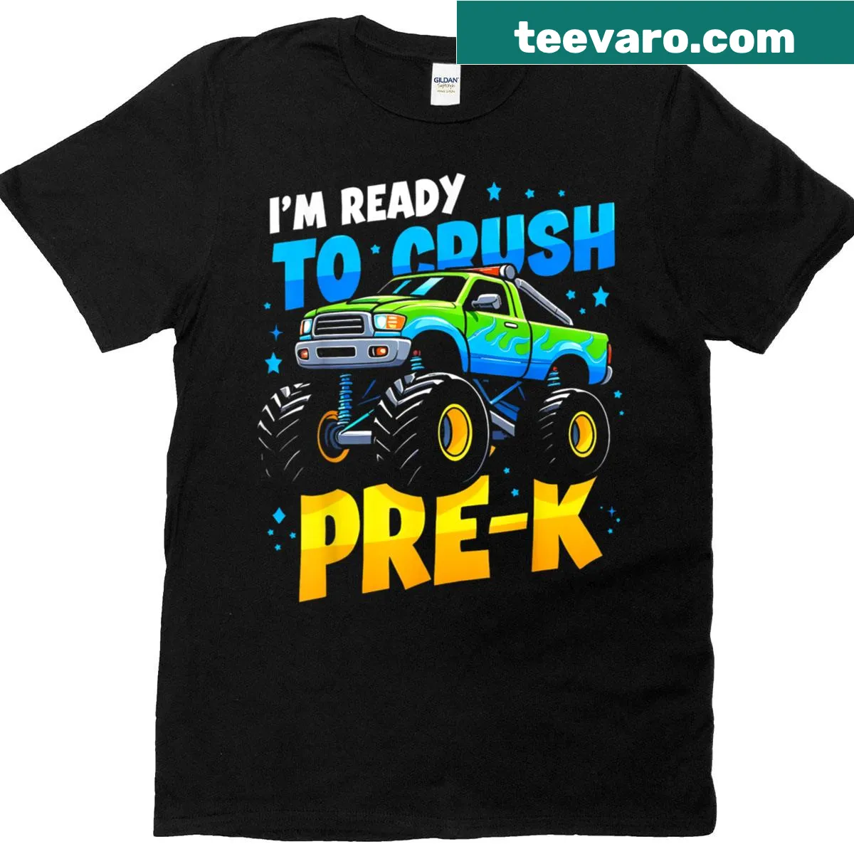 Kids T-shirt with monster truck design and 'I’m Ready To Crush Pre-k' text — on a men's t-shirt