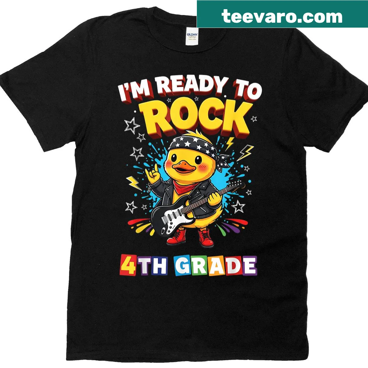 T-shirt with cute duck design and 'I’m Ready To Rock 4th Grade' text — on a men's t-shirt