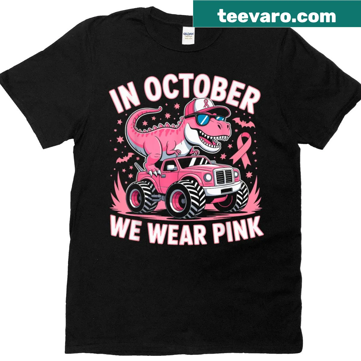 Breast cancer awareness dinosaur T-shirt with pink ribbon — on a men's t-shirt