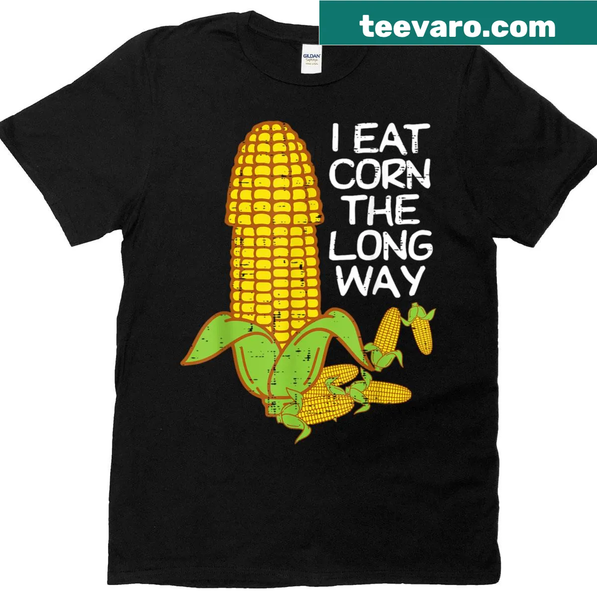 Funny corn eating humor t-shirt for adults — on a men's t-shirt