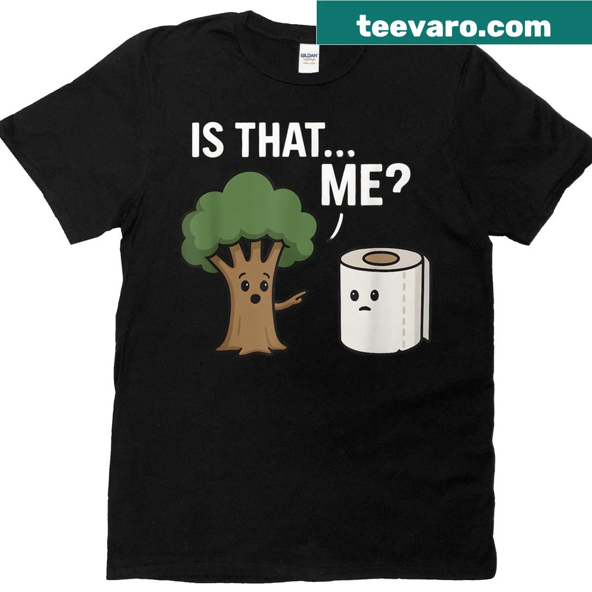 Eco humor T-shirt with tree design and joke — on a men's t-shirt