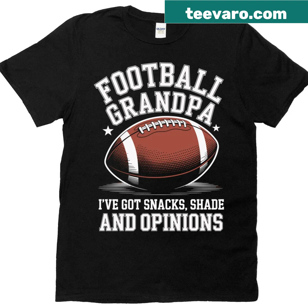 Funny grandpa t-shirt with text about snacks and football — on a men's t-shirt