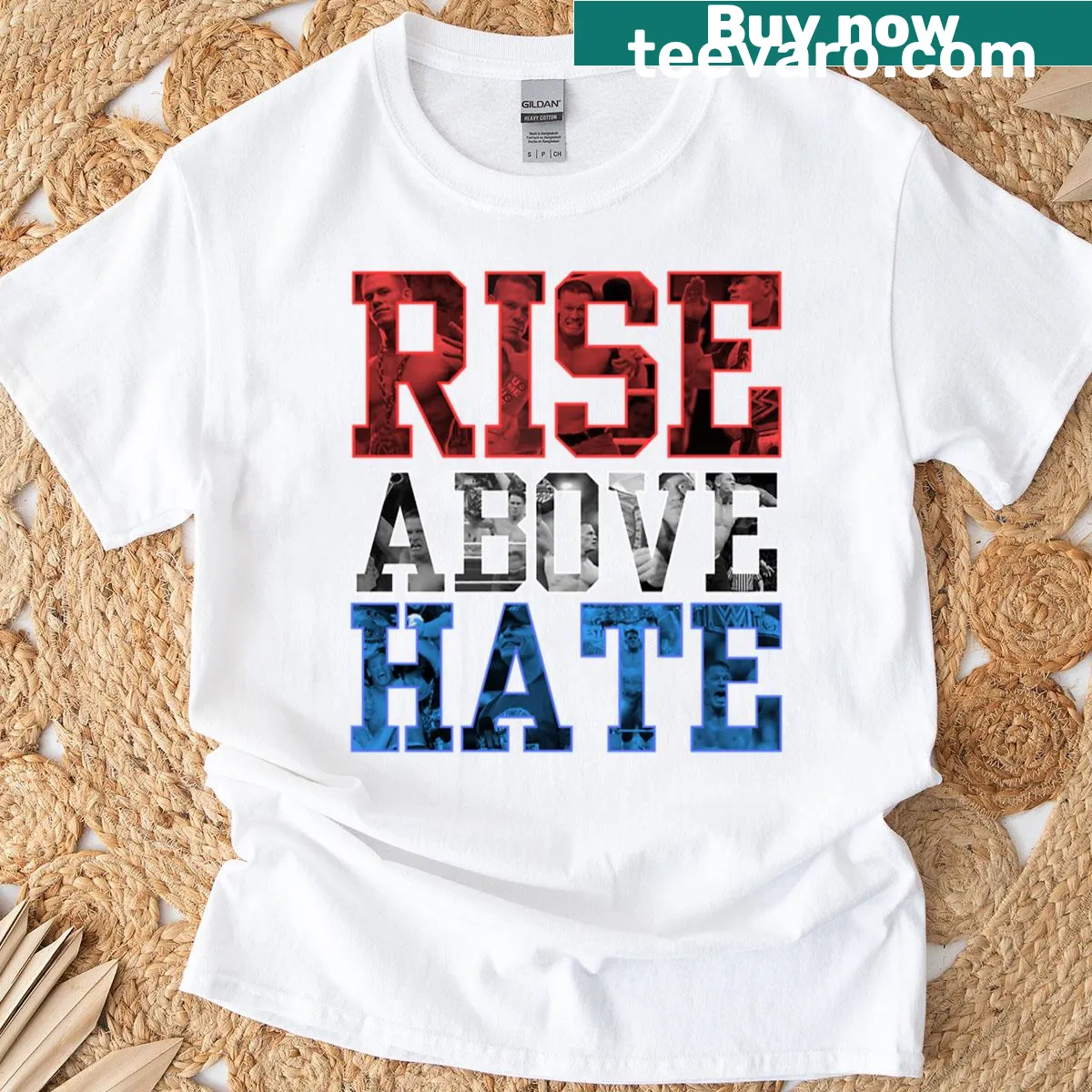 John Cena Rise Above Hate graphic tee with bold typography — on a men's t-shirt