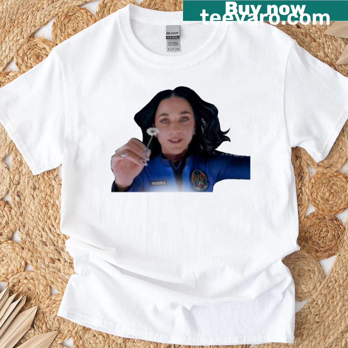 Whimsical graphic of Katy Perry in space on T-shirt — on a men's t-shirt