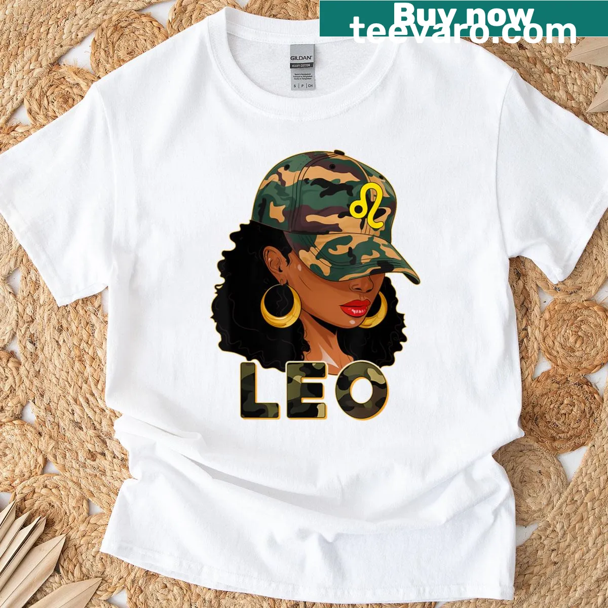 Afro girl with camo cap and zodiac design on graphic T-shirt — on a men's t-shirt