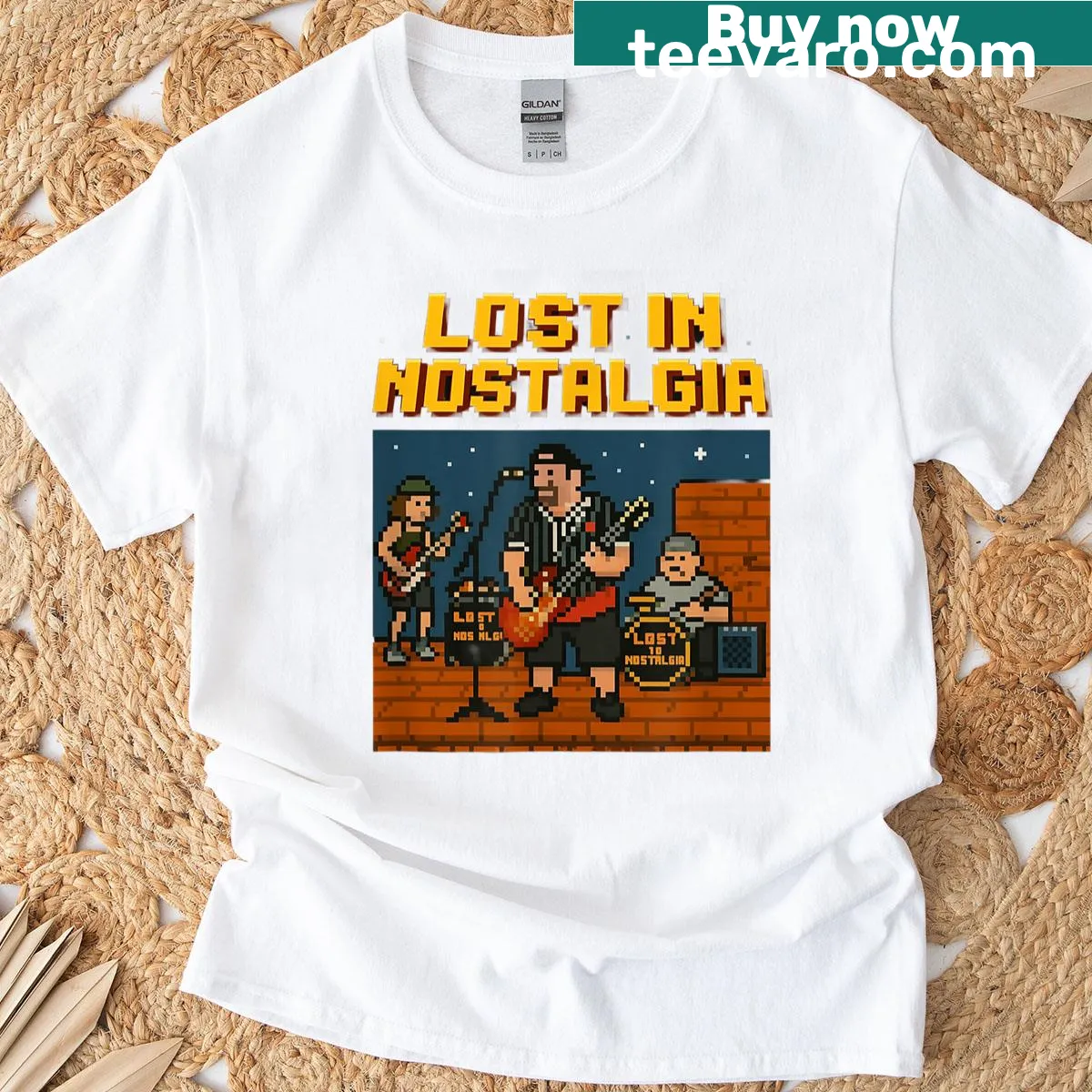 8 Bit band logo t-shirt featuring pixelated graphics — on a men's t-shirt