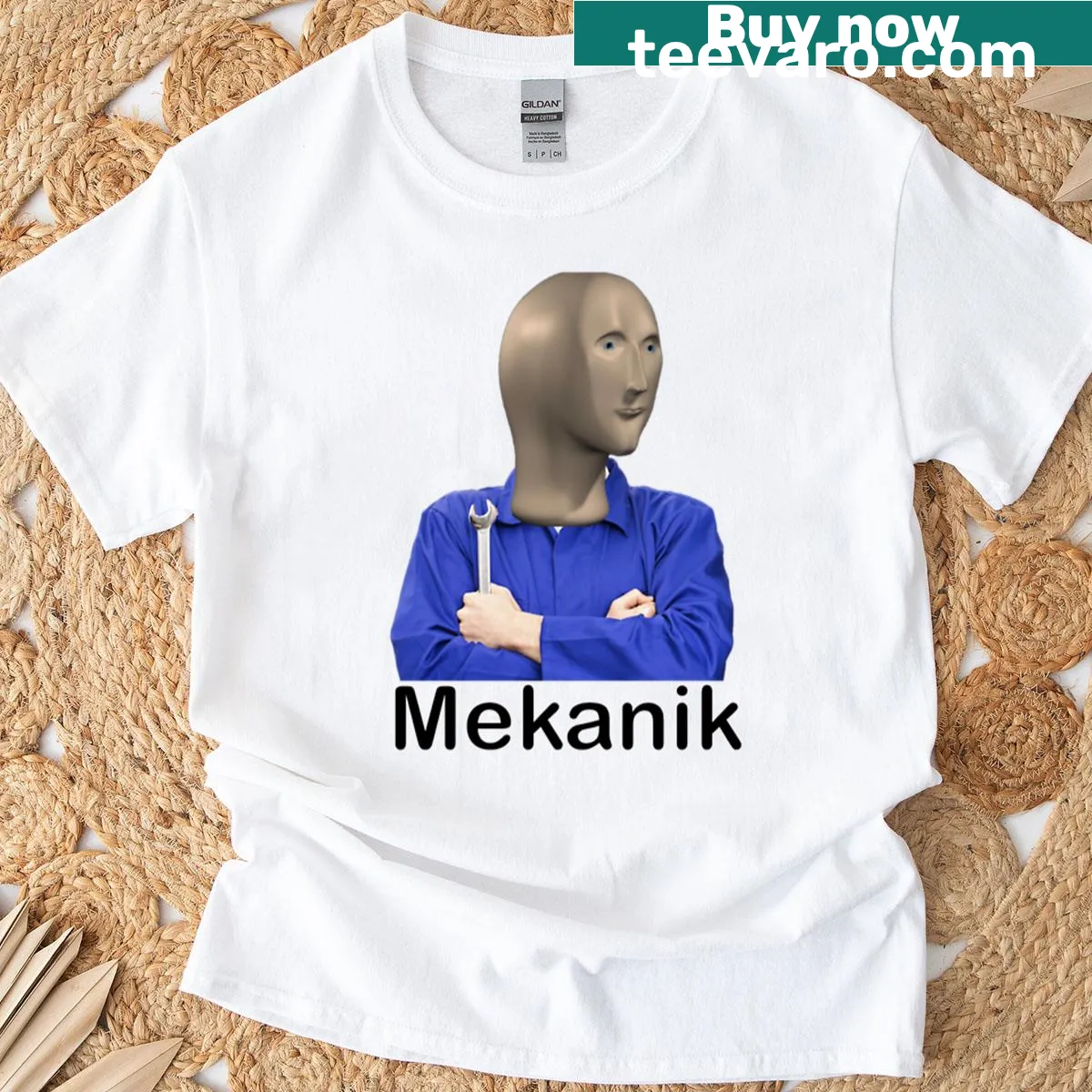 T-shirt with a playful 'Mekanik At Your Service' illustration — on a men's t-shirt