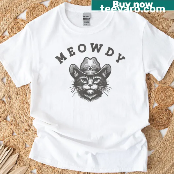Vintage-style T-shirt with 'Meowdy' and Western cat graphics
