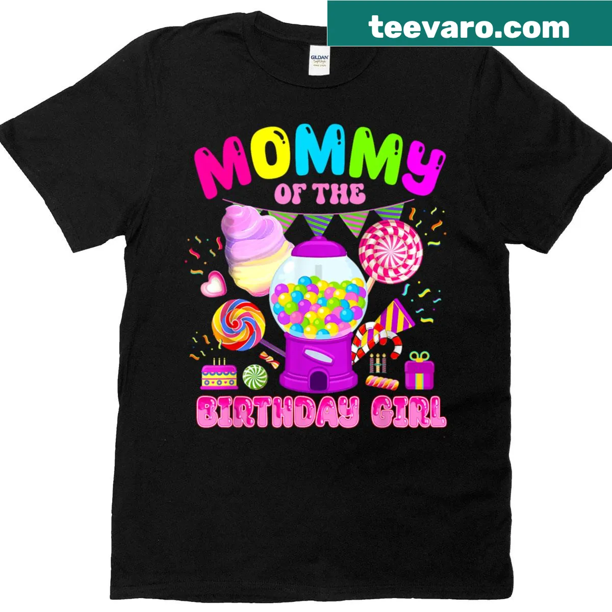 Playful birthday theme t-shirt with candy graphics and text for moms — on a men's t-shirt