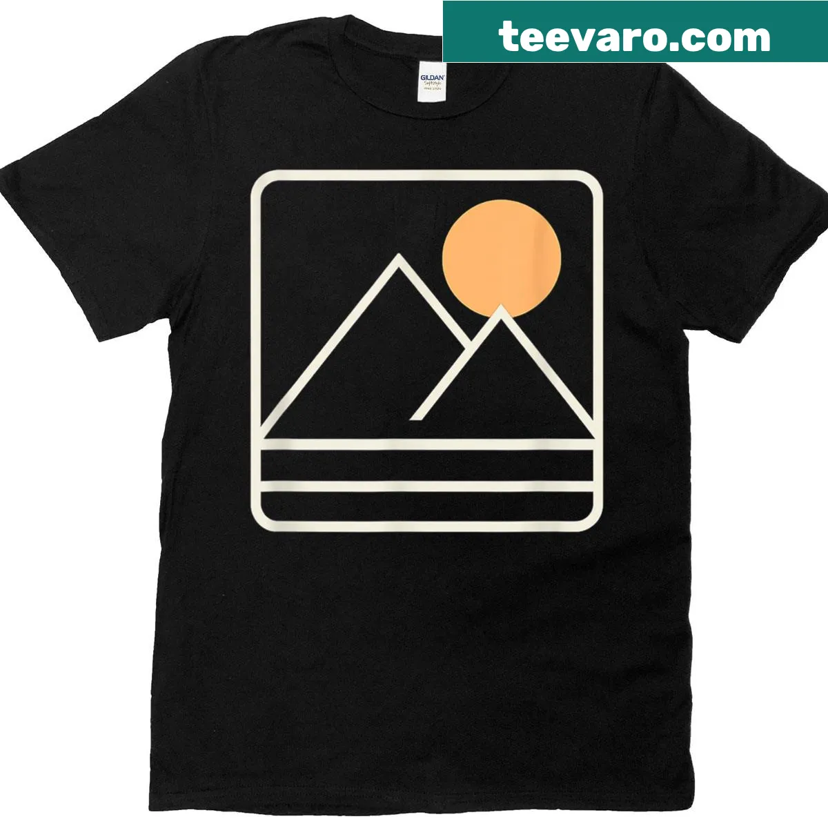 Minimalist mountain sunrise line-art graphic on a t-shirt — on a men's t-shirt