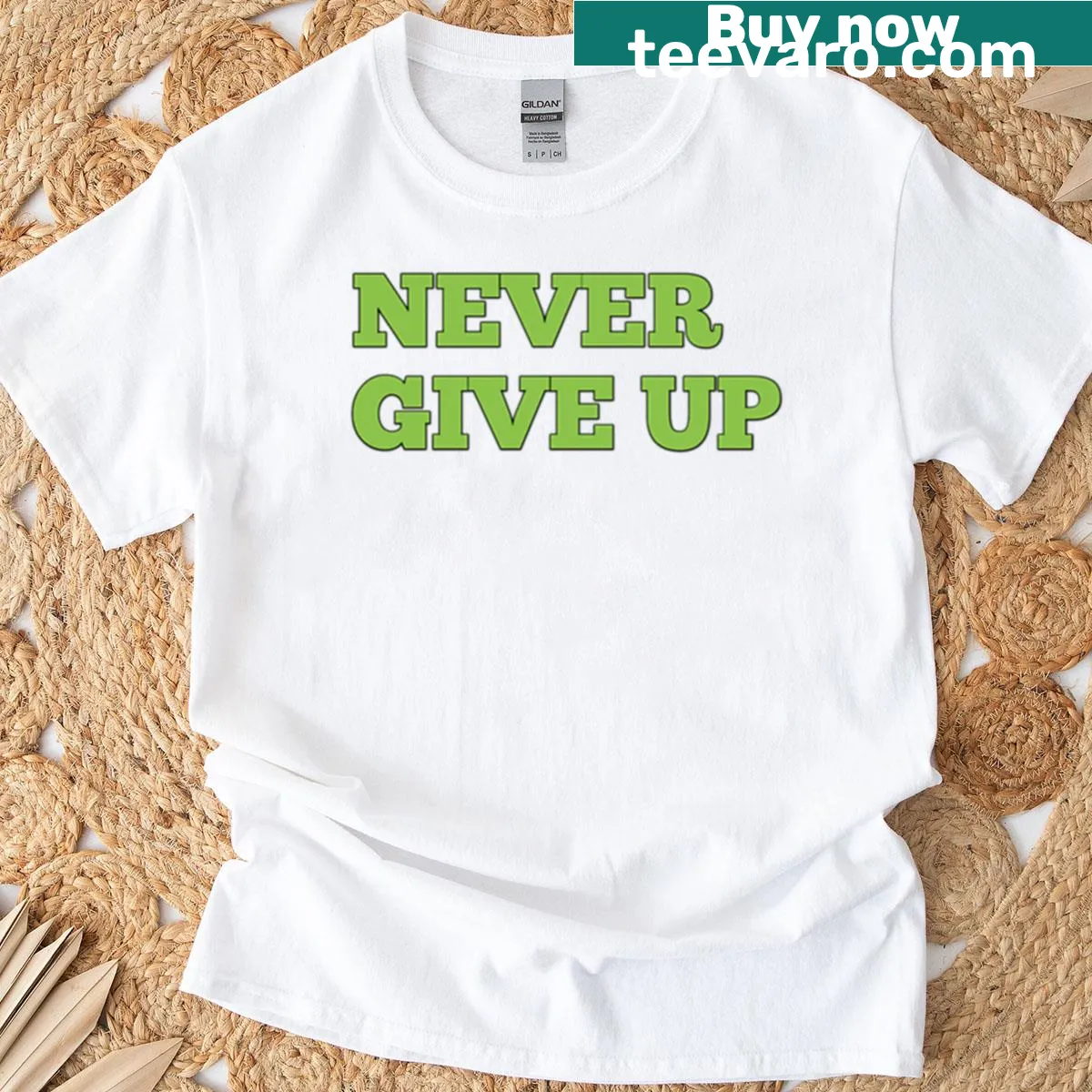 T-shirt featuring the motivational phrase 'Never Give Up' in bold text — on a men's t-shirt