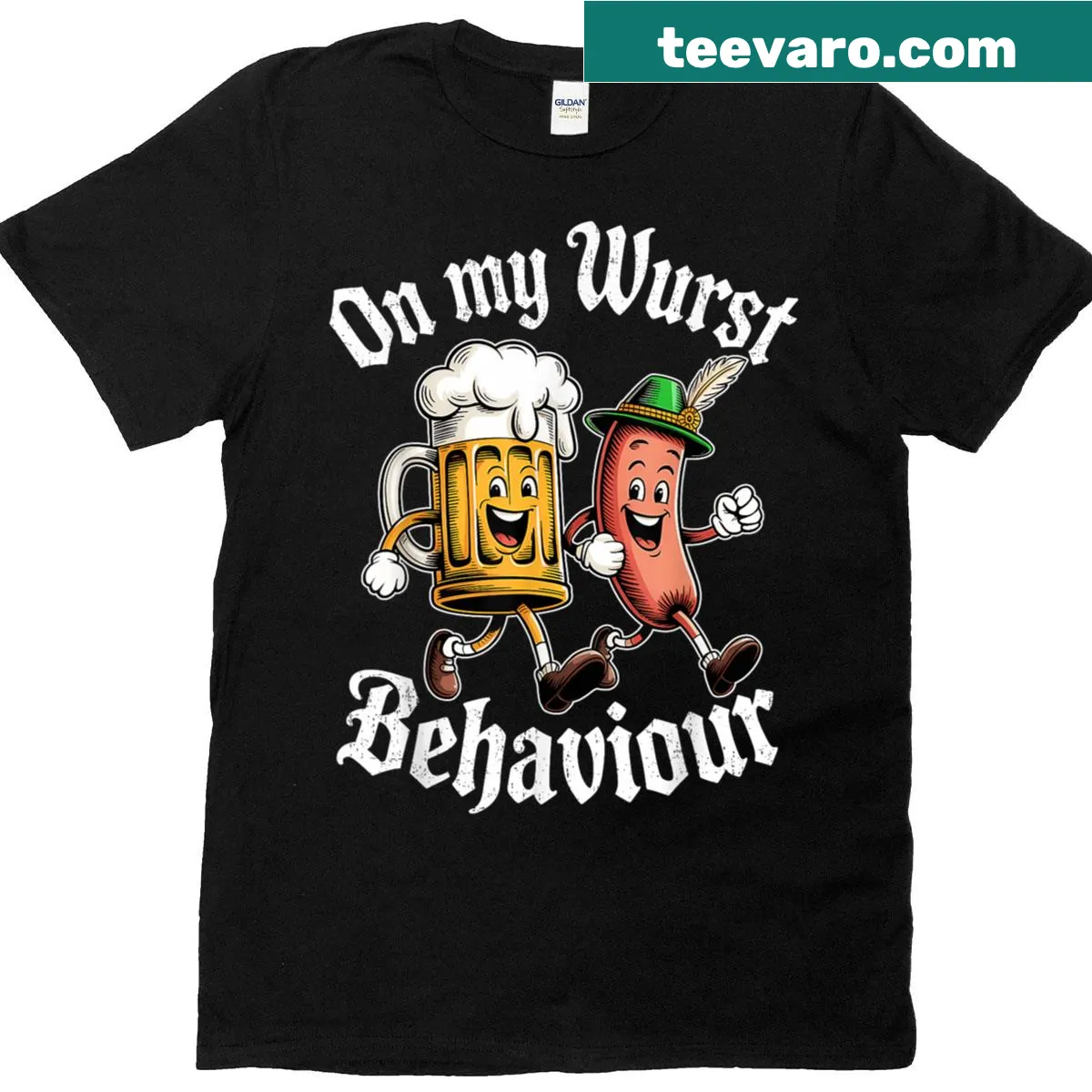 Funny Oktoberfest t-shirt with sausage and beer slogan — on a men's t-shirt