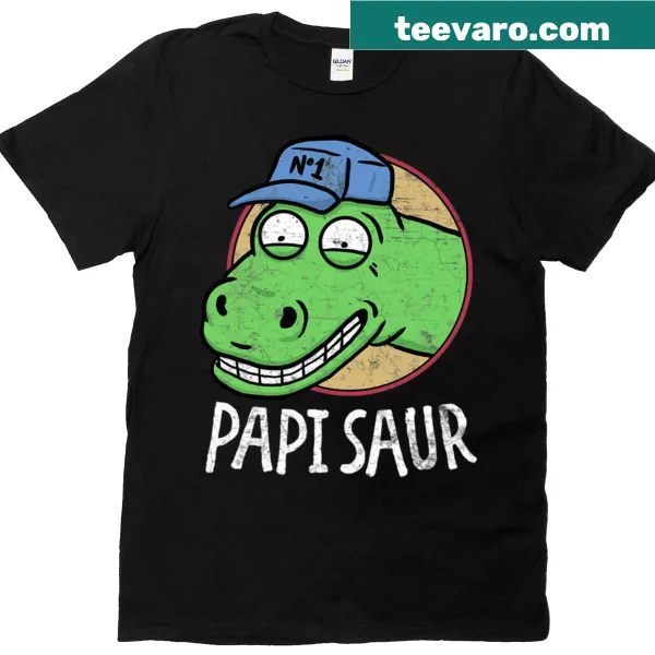 Funny dad T-shirt featuring a dinosaur graphic and the word 'Papisaur'