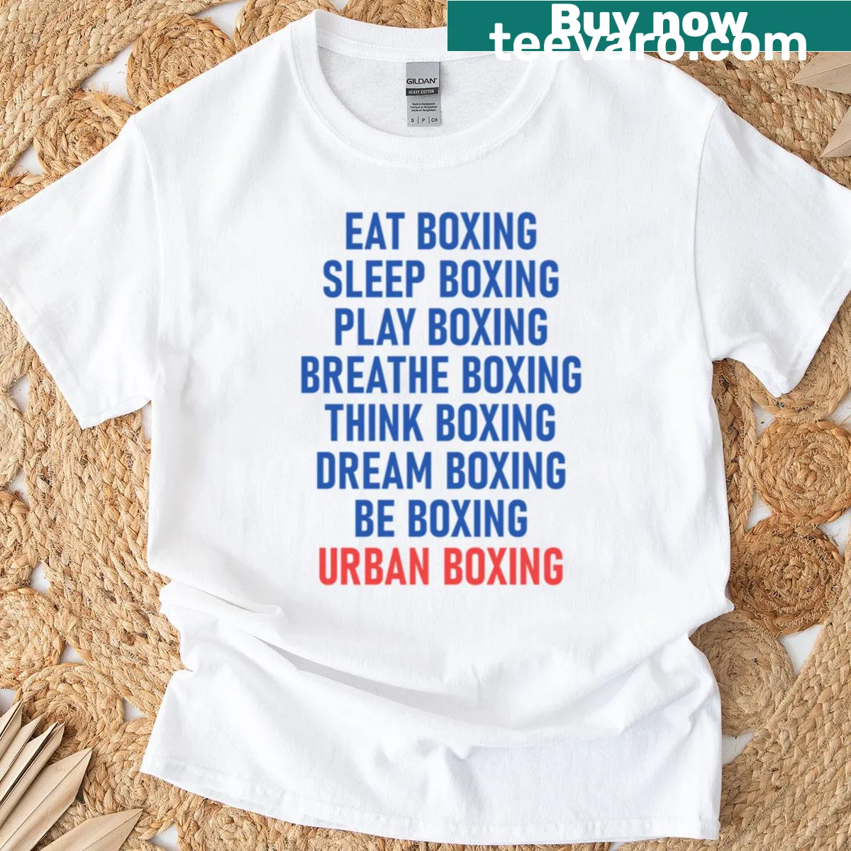 Bold Play Boxing t-shirt featuring dynamic boxing-themed typography — on a men's t-shirt