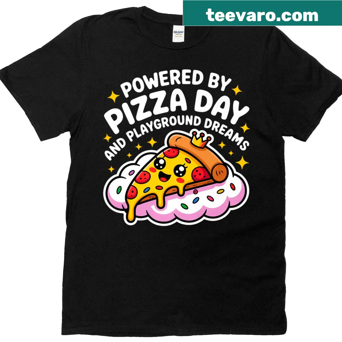 Cute cartoon T-shirt with pizza and playground theme for students — on a men's t-shirt