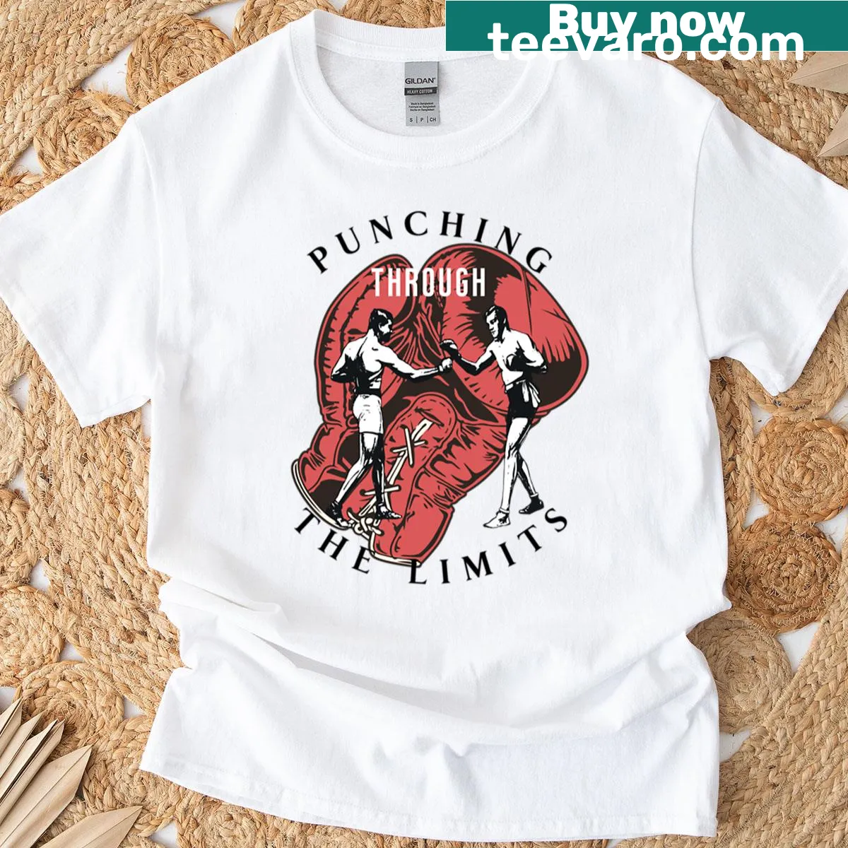 Retro boxing-themed T-shirt with Punching Through The Limits graphic — on a men's t-shirt