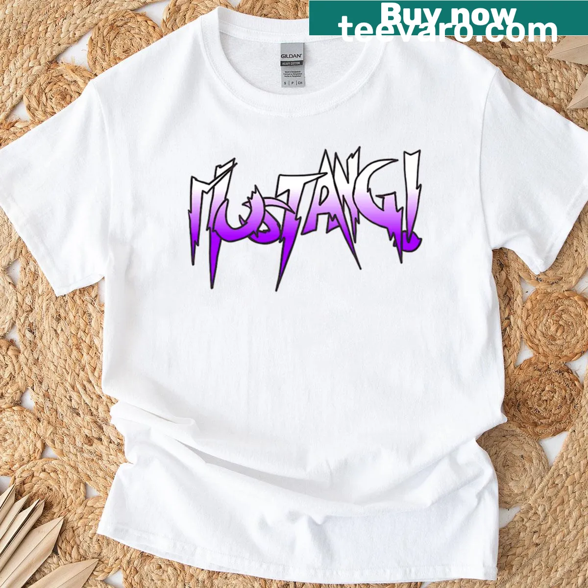 Mustang-themed T-shirt with hot rod font design — on a men's t-shirt