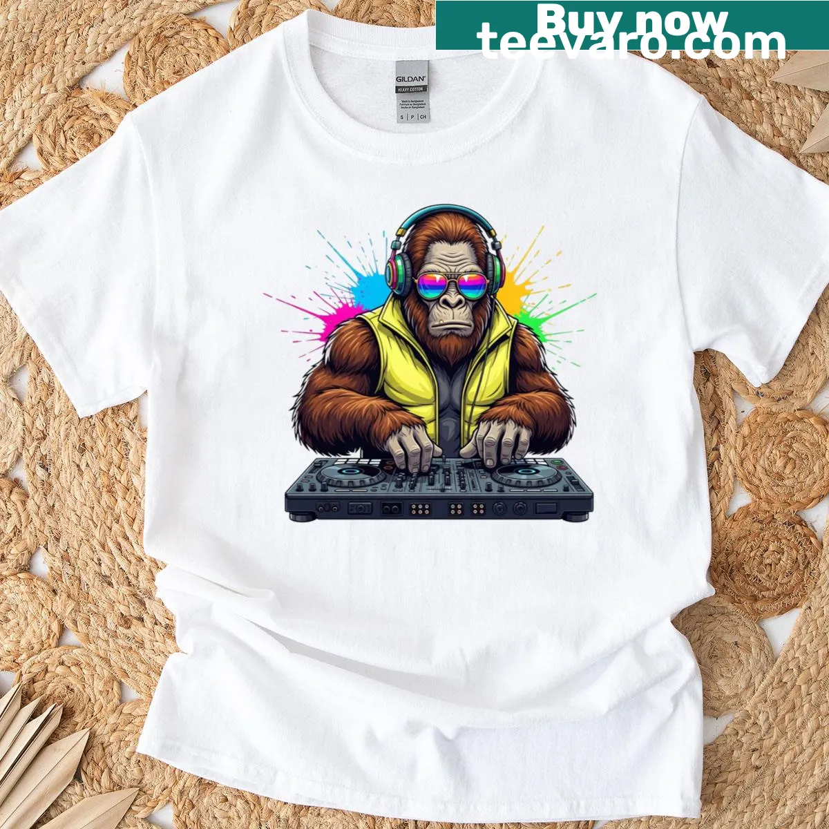 Funny Bigfoot T-shirt with cartoon DJ and headphones graphic — on a men's t-shirt