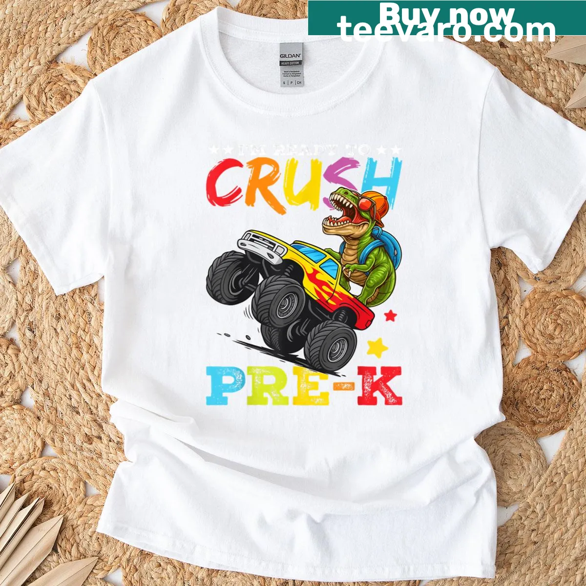 Cartoon T-shirt featuring a monster truck and dinosaur for kids — on a men's t-shirt