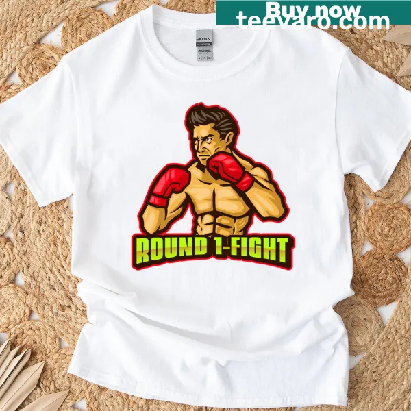 Playful t-shirt featuring the phrase 'Round 1 - Fight' in dynamic style