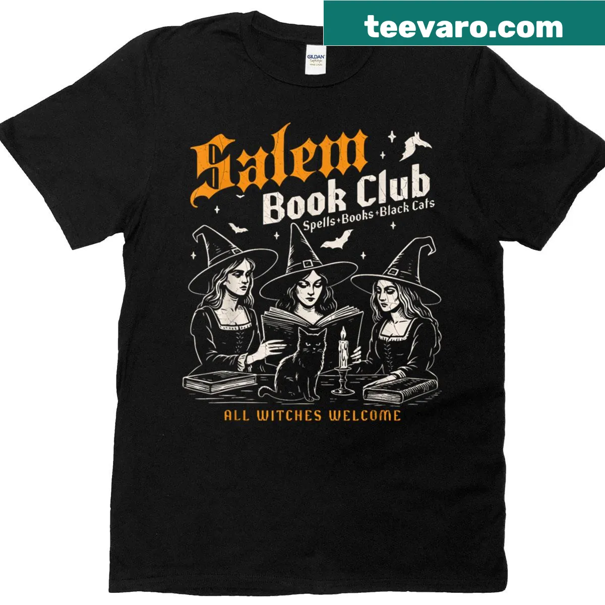 Whimsical T-shirt with a witch reading a book for Halloween — on a men's t-shirt