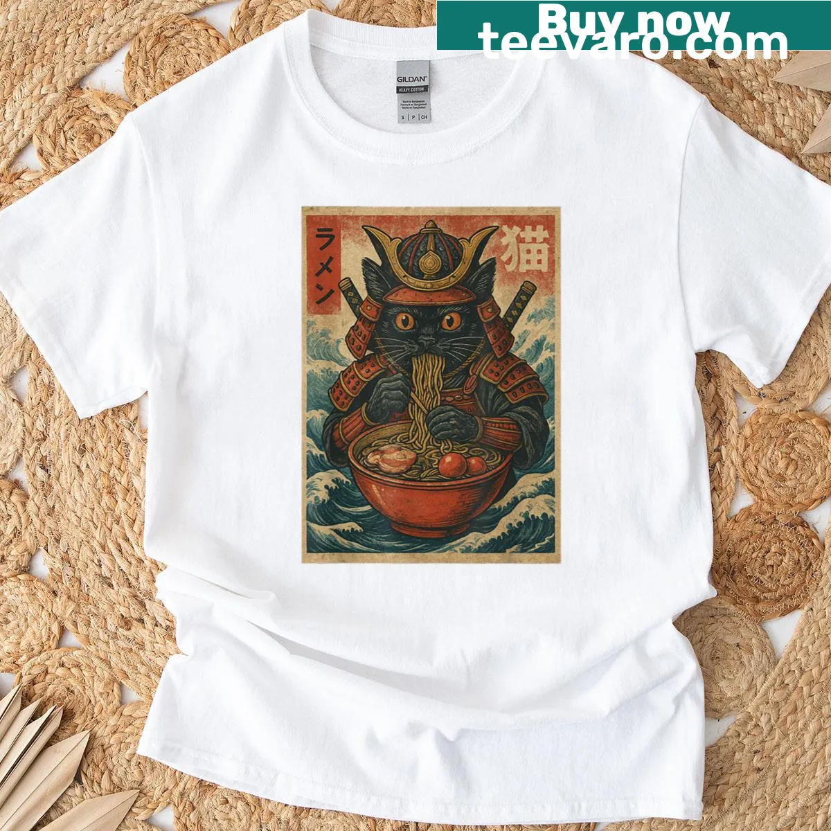 Cute samurai cat t-shirt with ramen graphic — on a men's t-shirt
