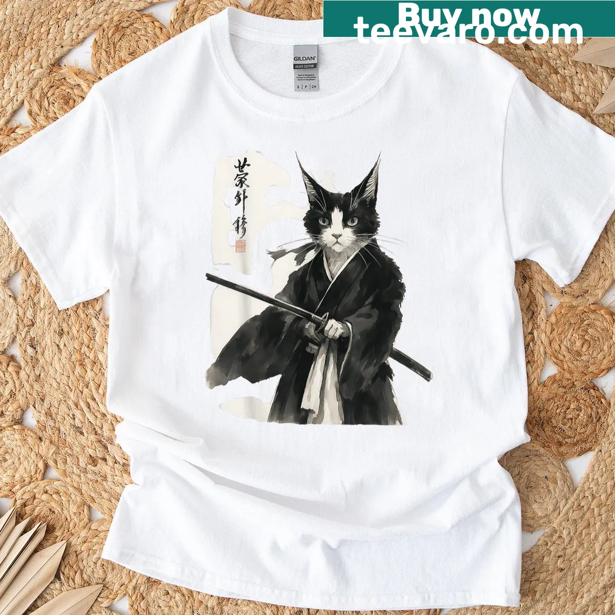 Vintage Ukiyo-e Samurai Cat T-shirt featuring a cat warrior illustration — on a men's t-shirt
